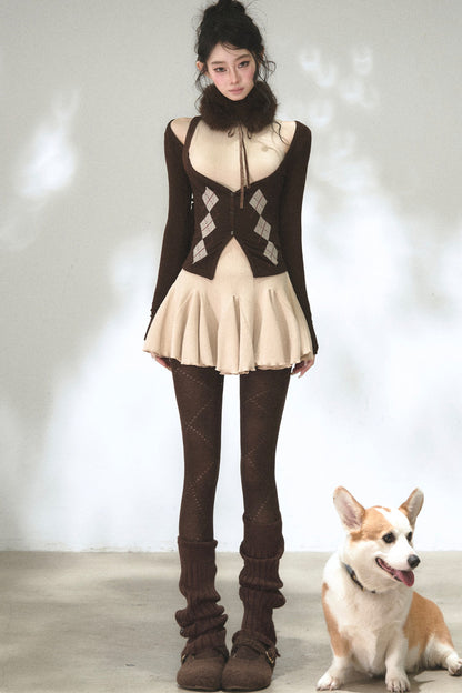 Vertical Striped Diamond Knit Cardigan and Ruffled Dress Set-Up