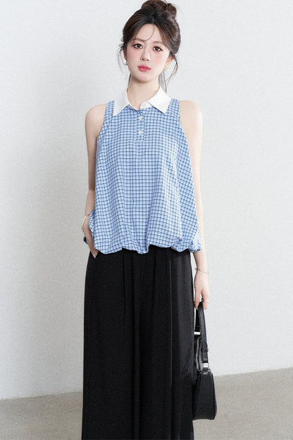 Blaue karierte Halter-Bluse
