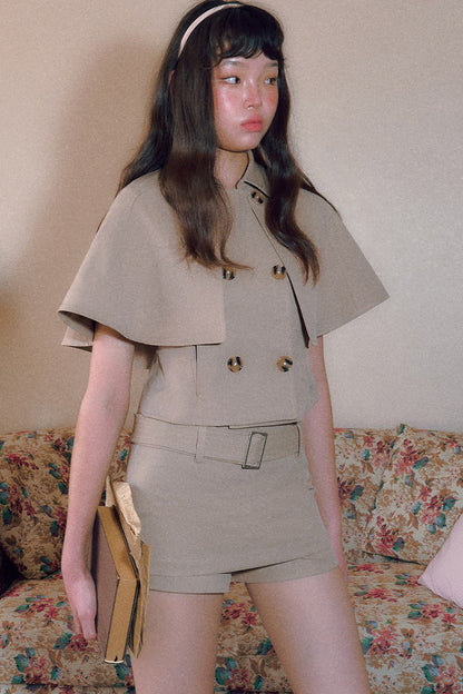 Vintage Double-Breasted Cape Top and Short Skirt Set-Up