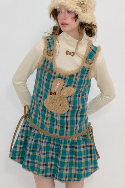 Plaid Bunny Pocket Vest Dress