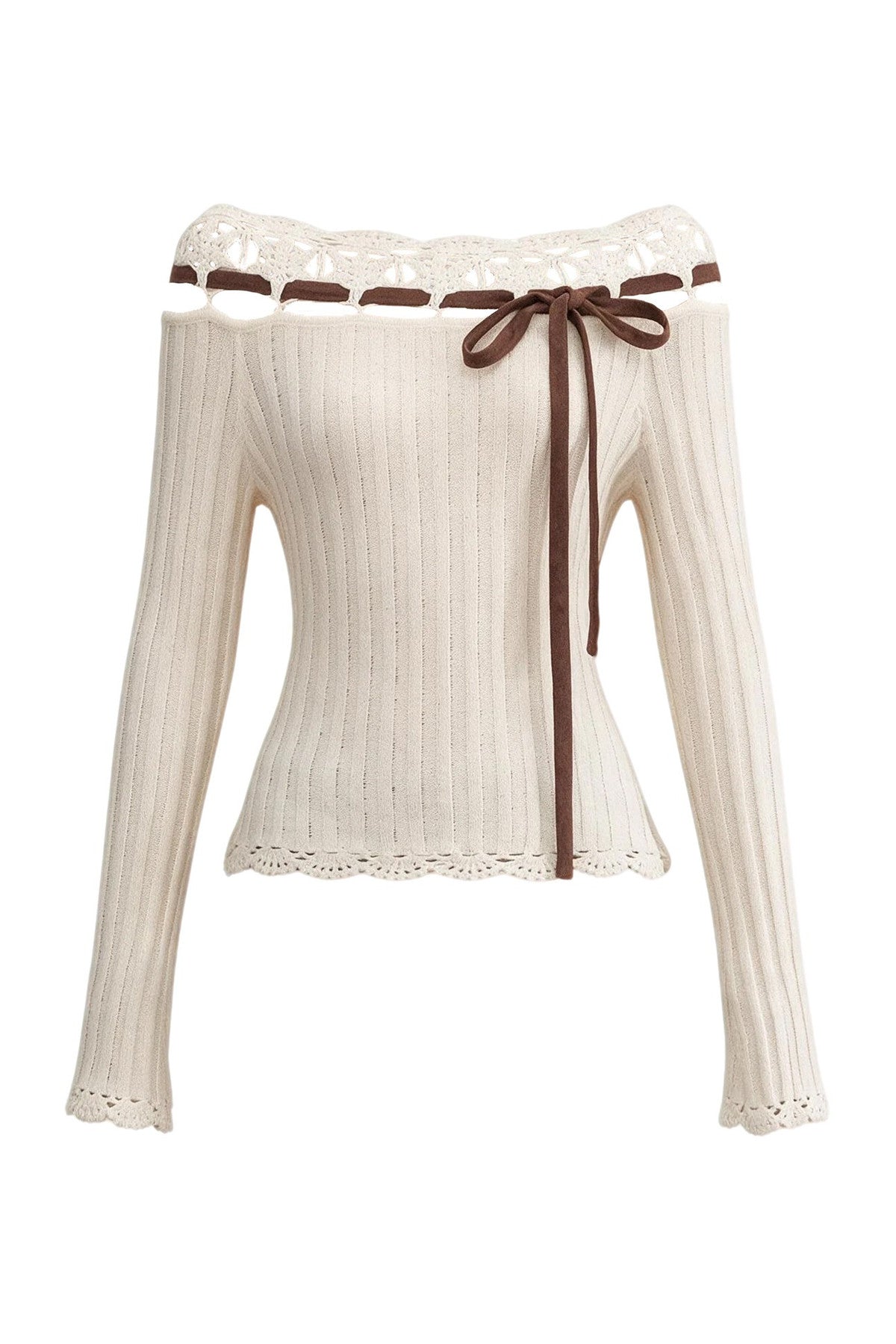 Ribbon Trim Crochet Off-Shoulder Knit Top And Short Skirt Set-Up