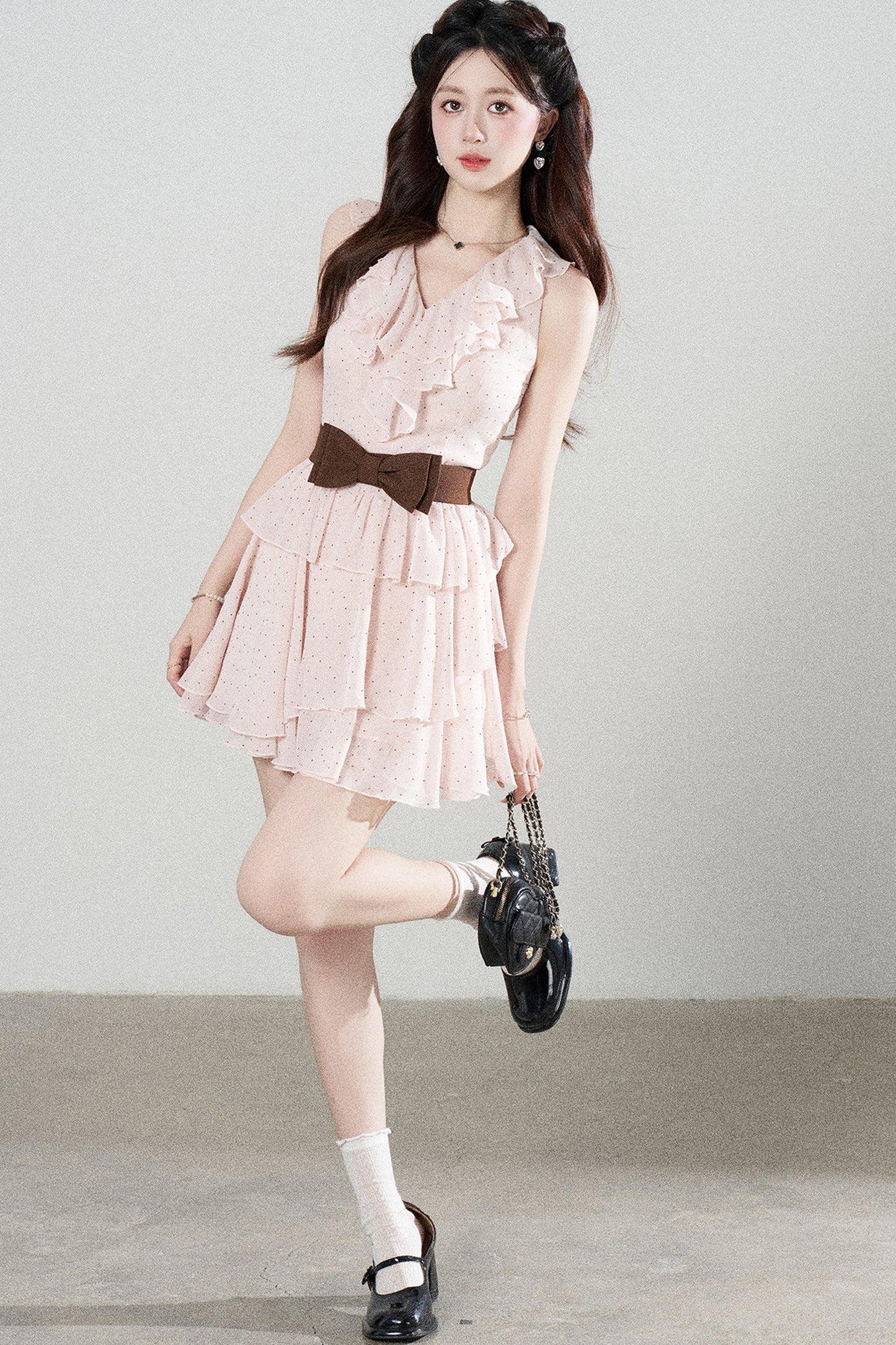 Ruffled V-Neck Pink Polka Dot Tiered Dress