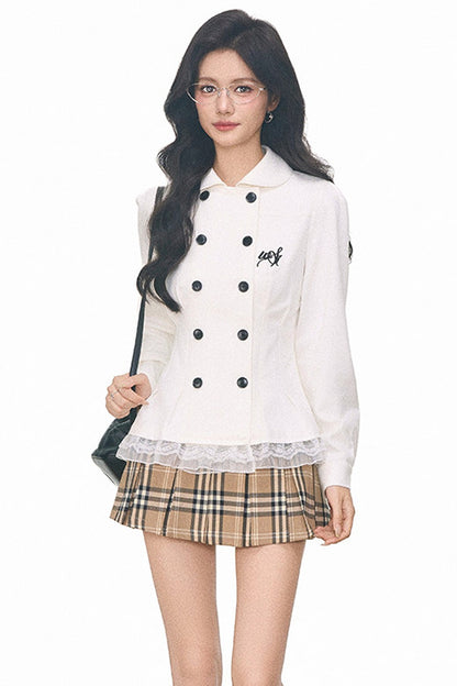 Double-Breasted Faux Denim Pleated Top and Skirt Set-Up
