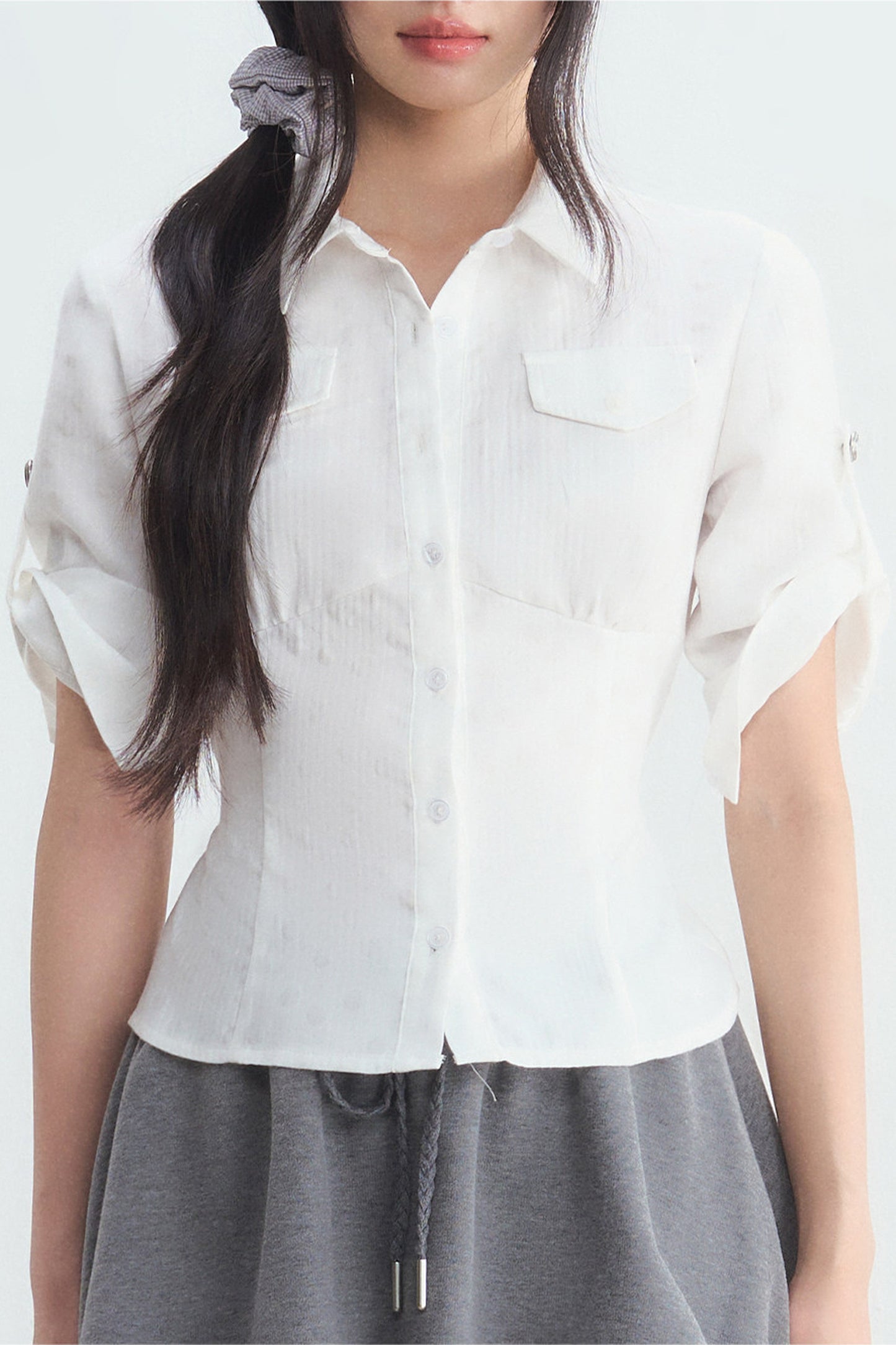 Textured White Double Pocket Shirt