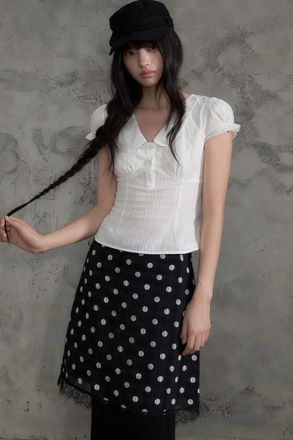 Collar Textured Blouse and Polka Dot Skirt Set-Up