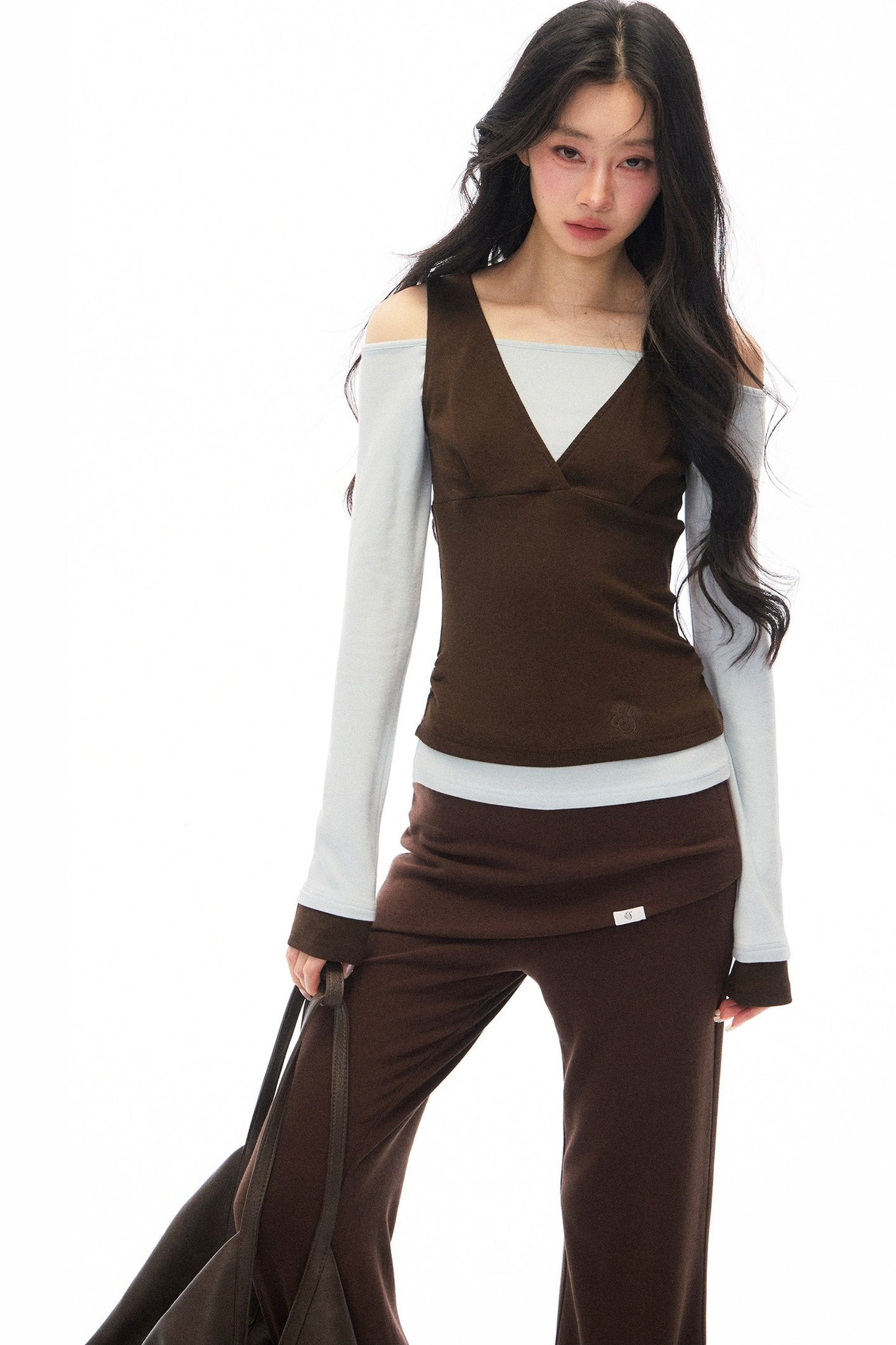 One-Shoulder V-Neck Long-Sleeve T-Shirt and Pants Set-Up
