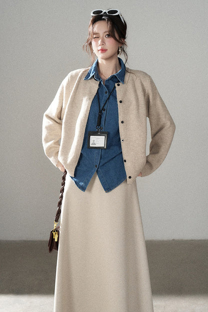 Layered-Look Denim Collar Sweater