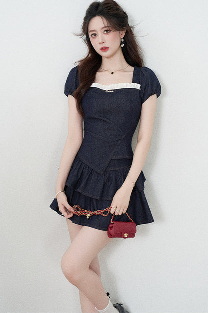 Denim Puff Sleeve Top And Skirt Set