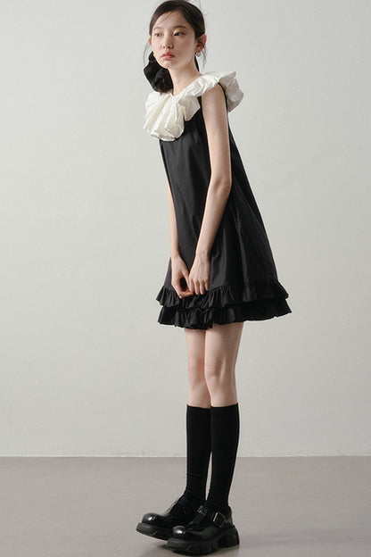 Black White Contrast Ruffle Collar Sleeveless Dress