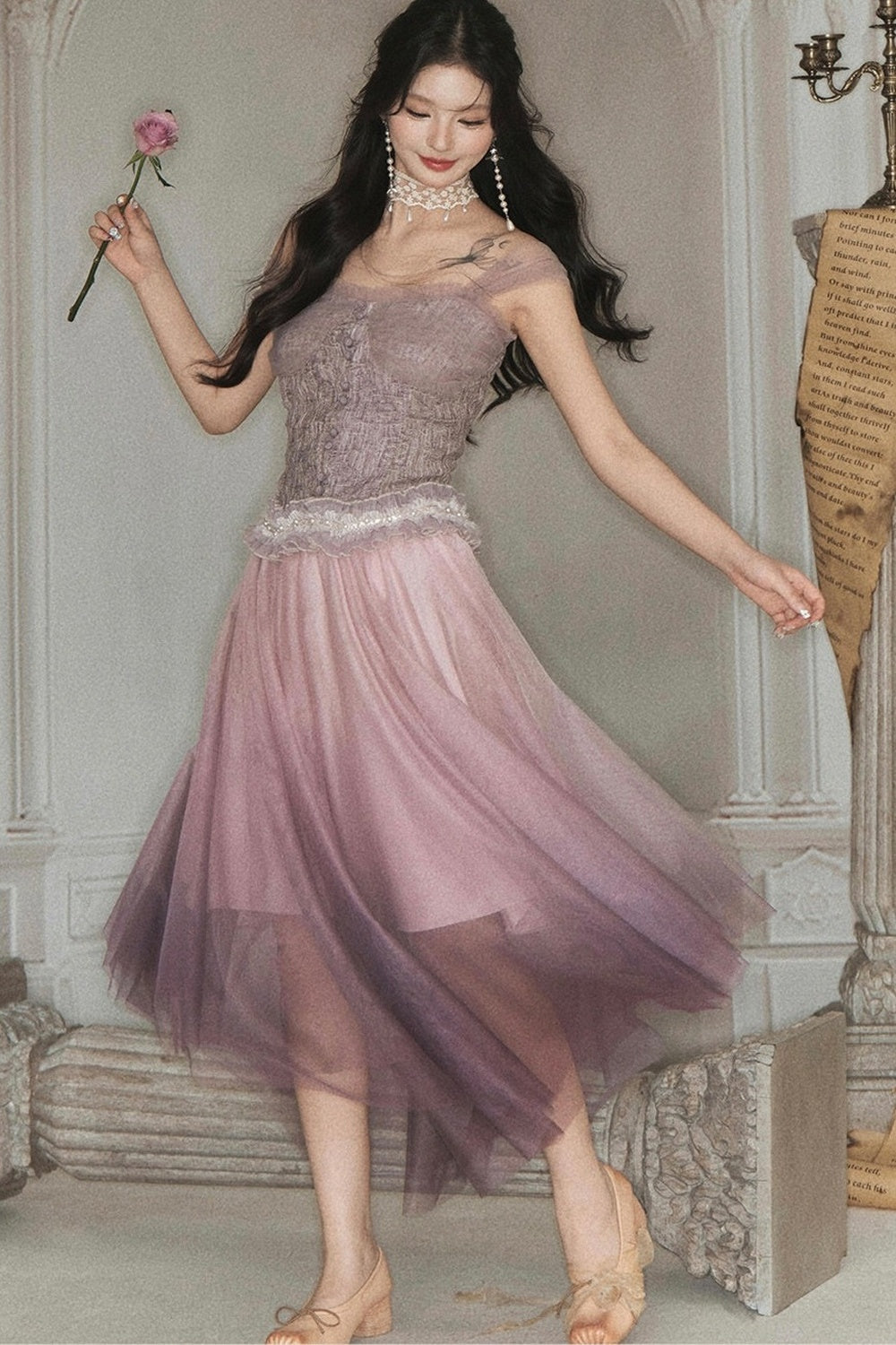 Spliced Pleated Mesh Lace Tube Top