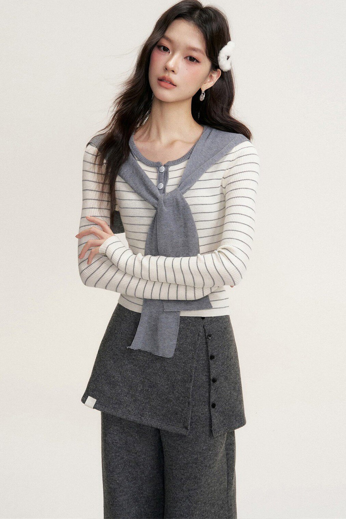 Striped Shawl Collar Long Sleeve Knit Sweater