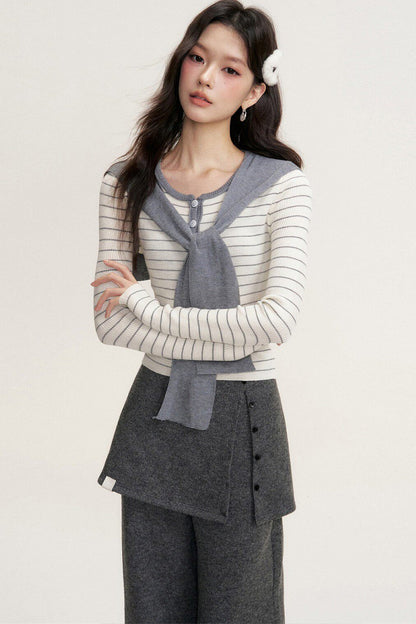 Striped Shawl Collar Long Sleeve Knit Sweater