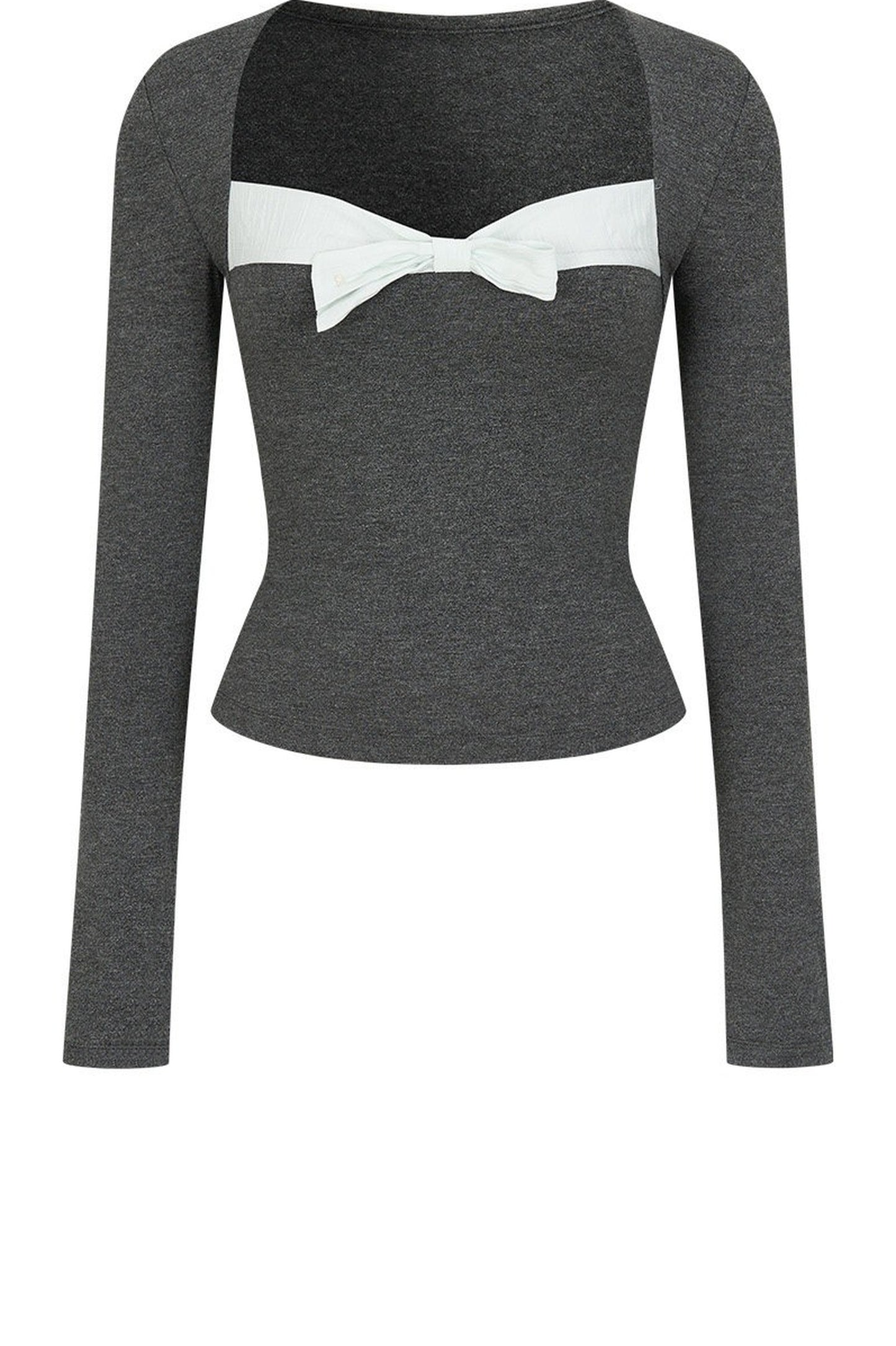 Contrast Bow Square Neck Long-Sleeve Top