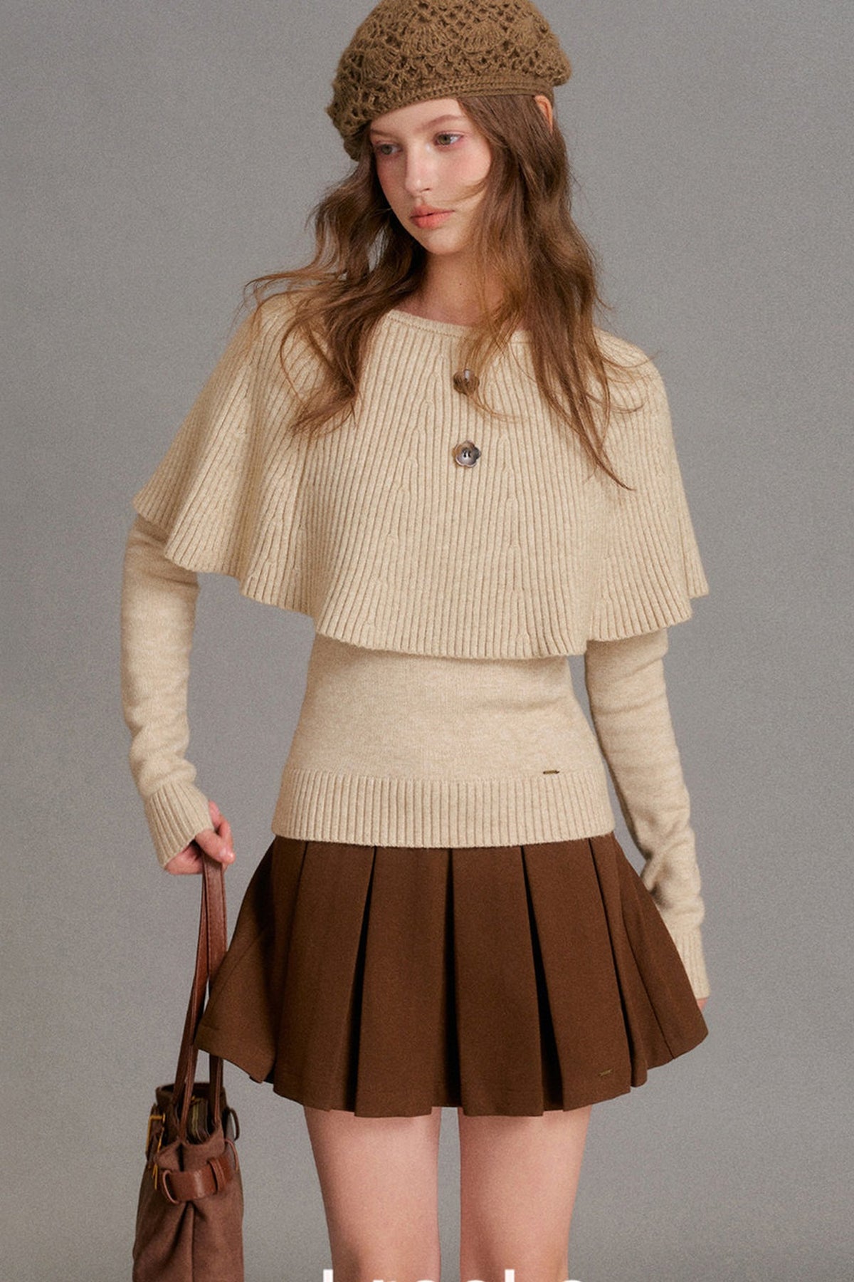 Floral Button Ribbed Cuff Cape Sweater Set
