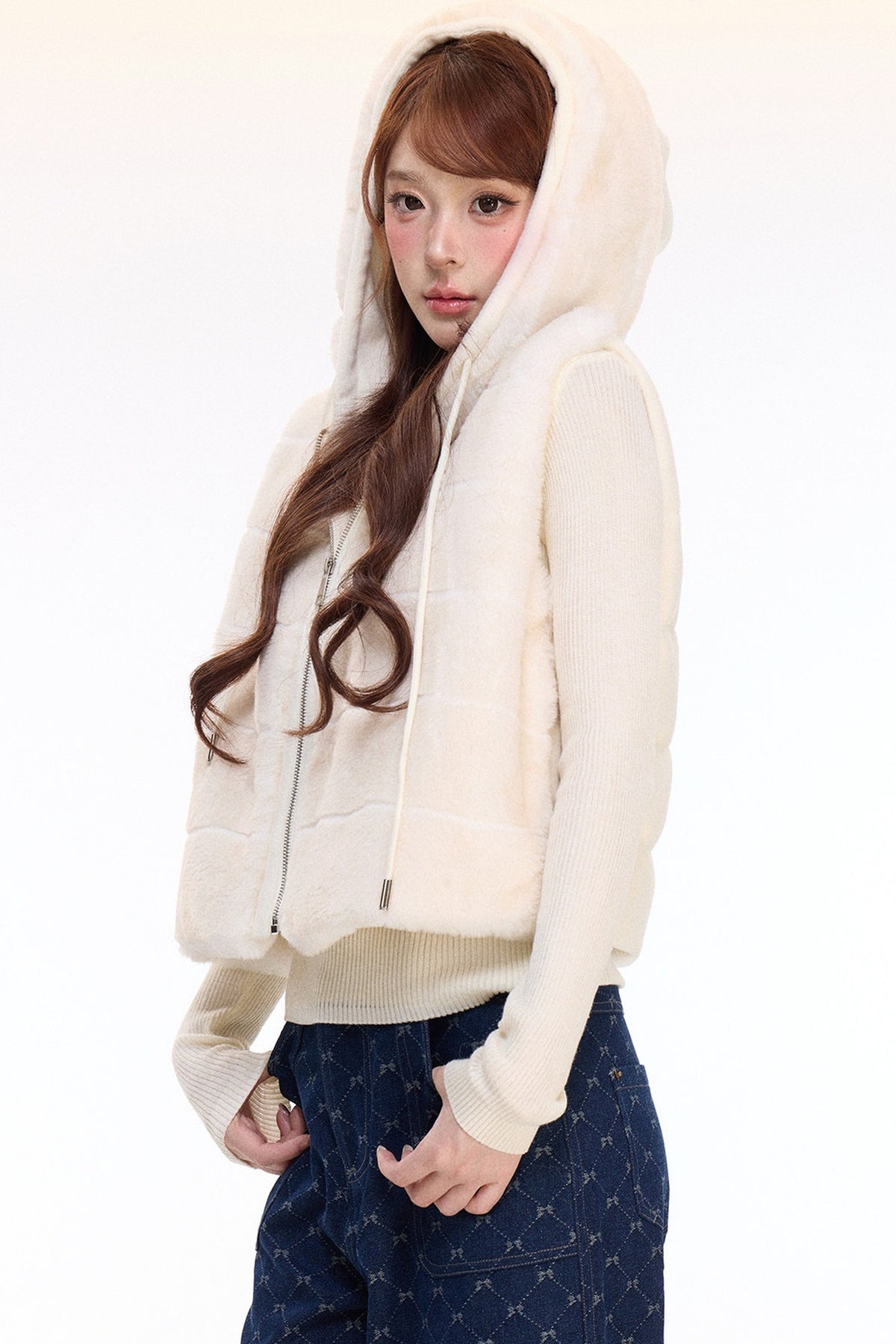 Hooded Faux Fur Vest and Wide-Leg Denim Pants Set-Up