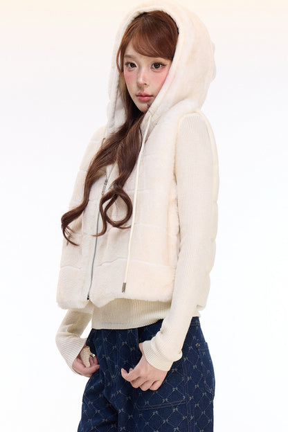 Hooded Faux Fur Vest and Wide-Leg Denim Pants Set-Up