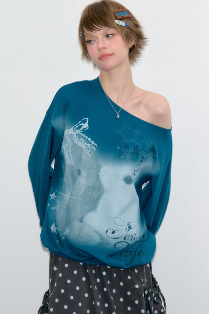 Rabbit Print Lantern Sleeve Off-Shoulder Sweatshirt