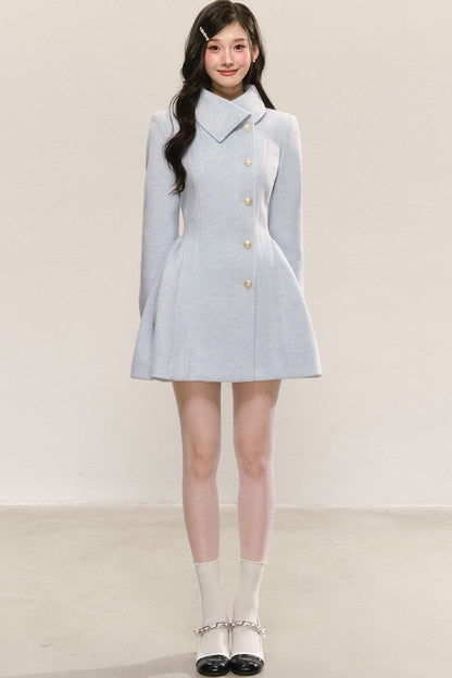 Blue Pleated Woolen Coat Dress