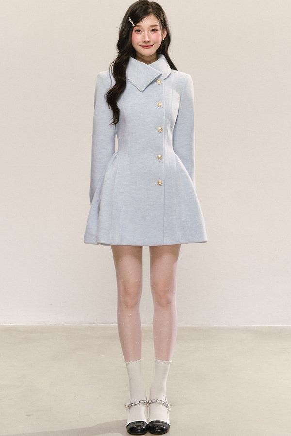 Blue Pleated Woolen Coat Dress