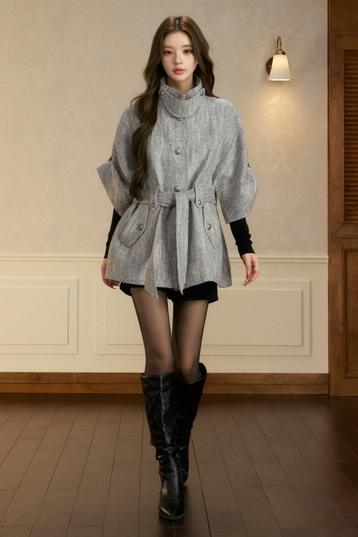 Stand Collar Batwing Wool Cape Jacket