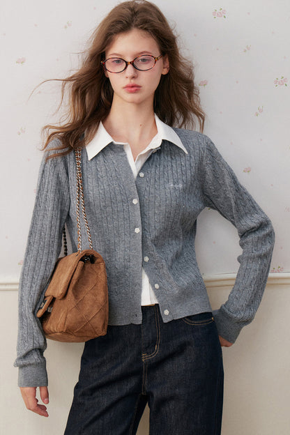 Wool Blend Spliced Shirt Cable Knit Cardigan
