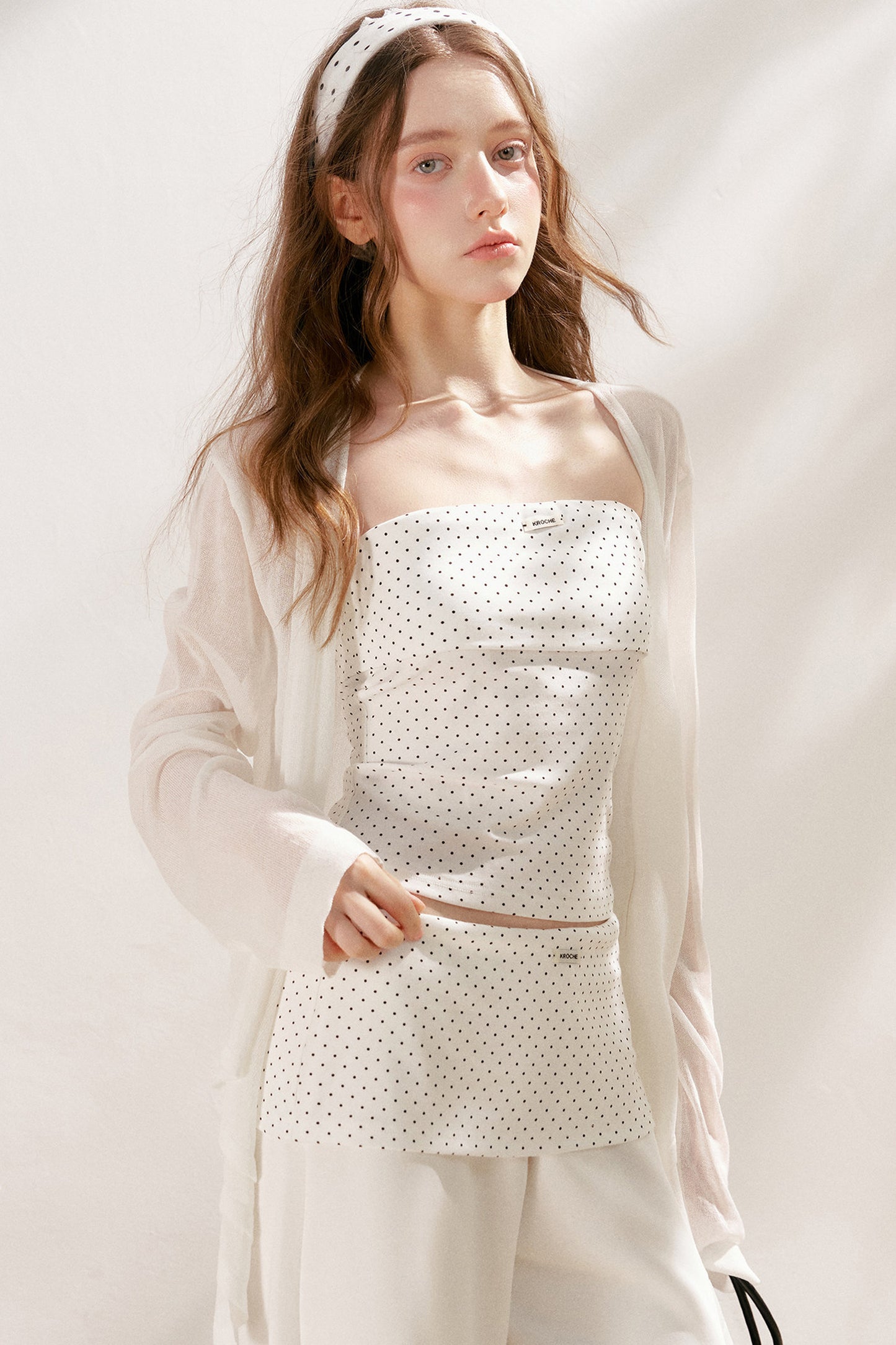 Polka Dot Cotton Tube Top And Wide Leg Pants Set-Up
