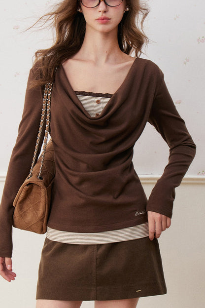 Striped Layered-Look Drape Neck Long-Sleeve T-Shirt