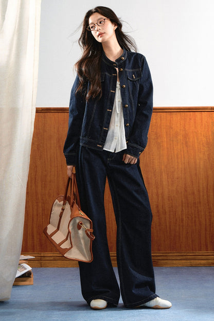 Round-Neck Gold Button Denim Jacket and Pants Set-Up