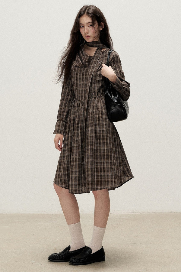 Diagonal Placket Plaid Ribbon Dress
