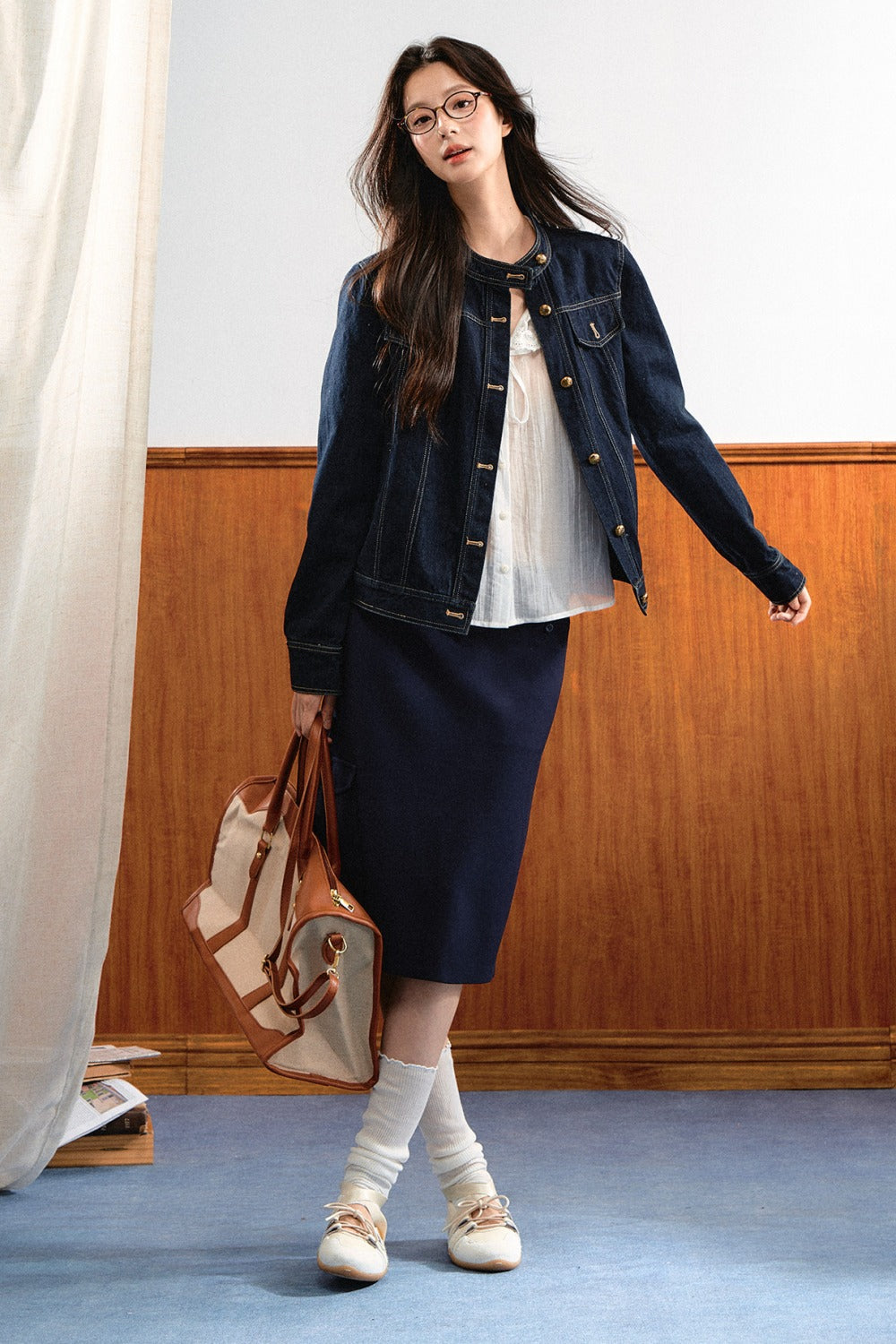 Round-Neck Gold Button Denim Jacket and Pants Set-Up