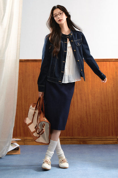 Round-Neck Gold Button Denim Jacket and Pants Set-Up