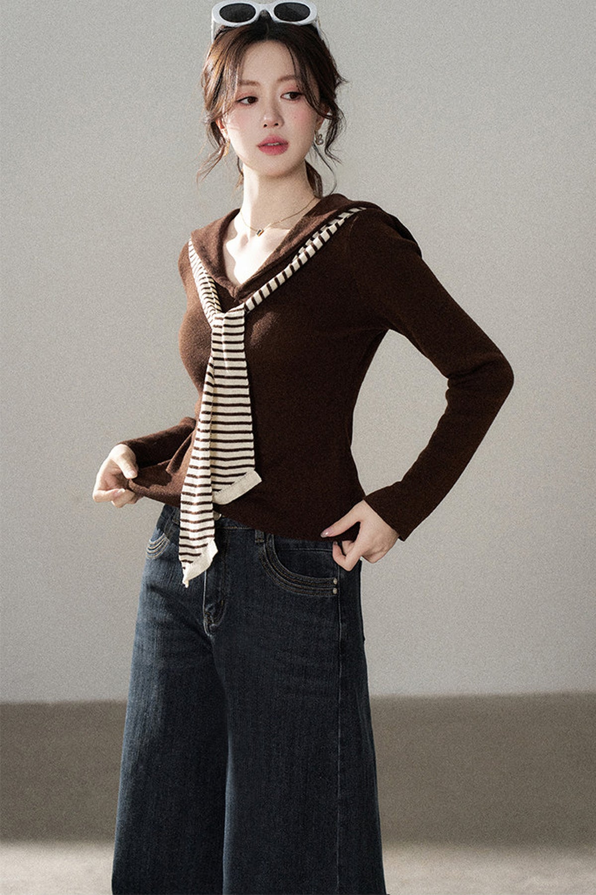 Preppy Navy Collar Blouse and Skirt Set-Up