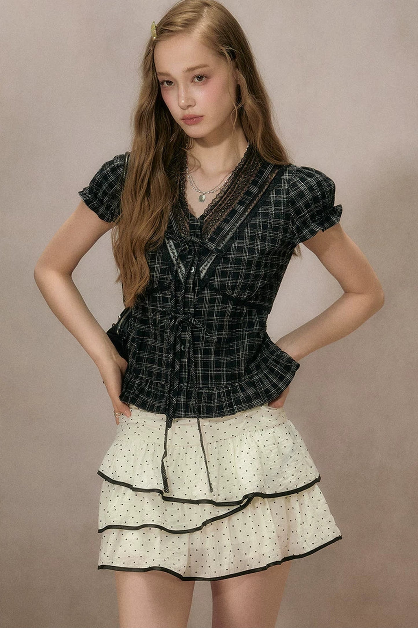 Black Plaid Ruffled Blouse