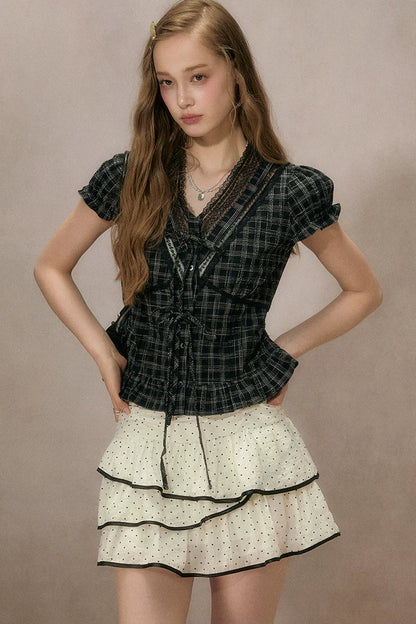Black Plaid Ruffled Blouse