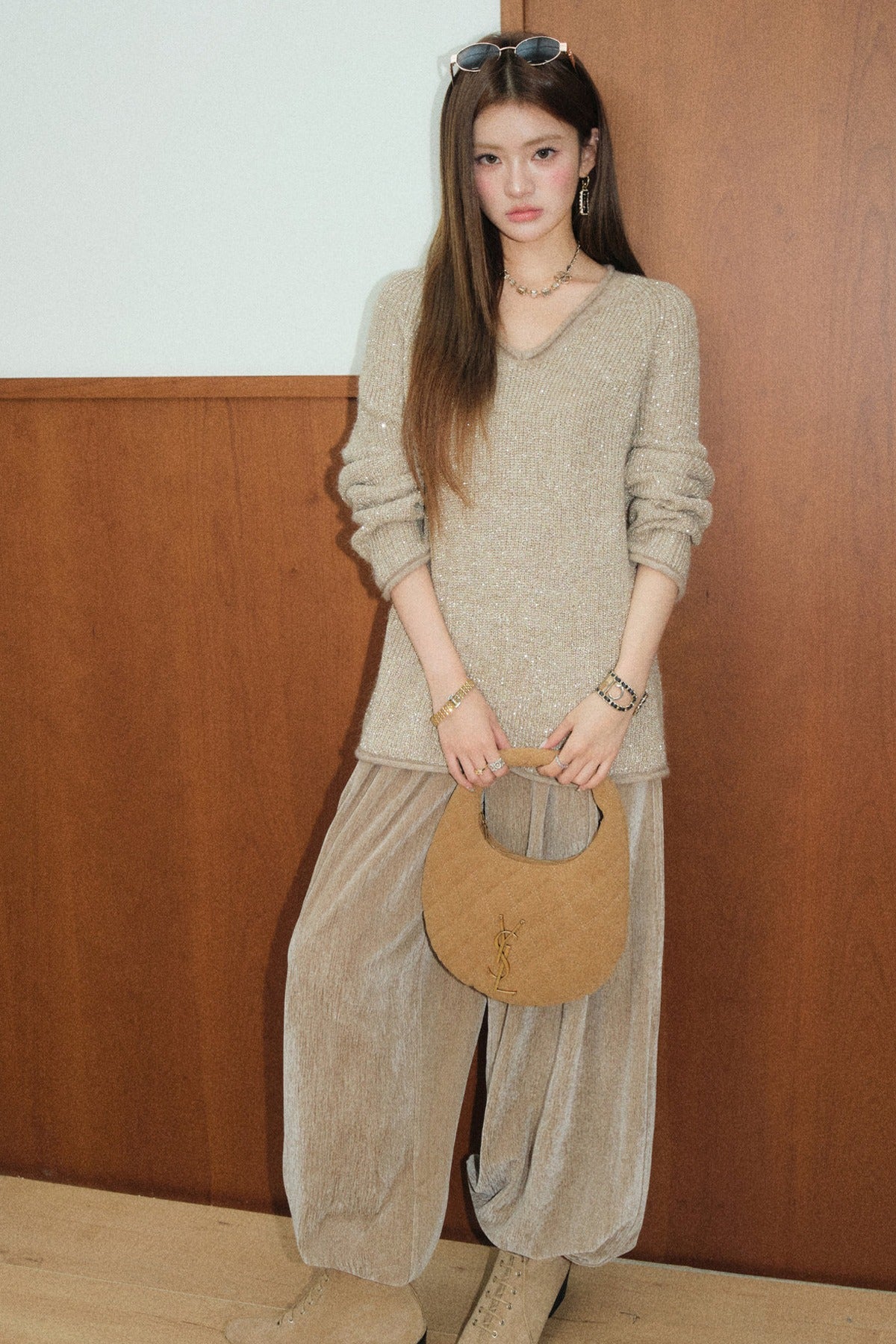Shimmering Oat Camel Knit Top and Shorts Set-Up