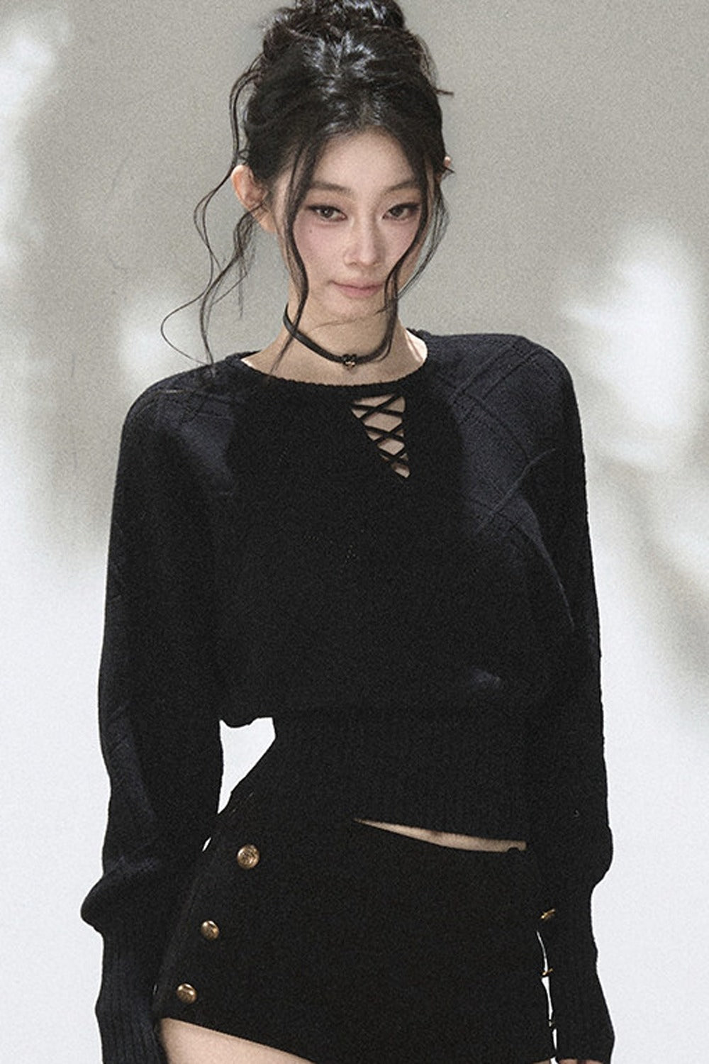 Lace-Up V-Neck Knit Top