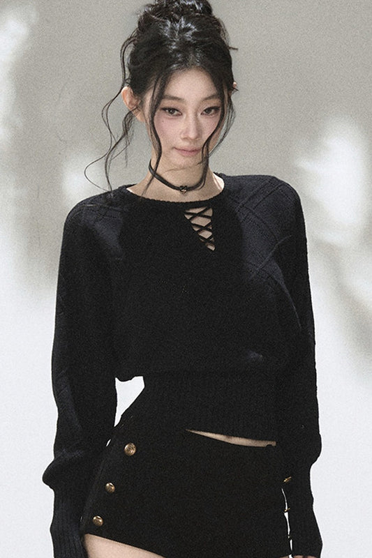 Lace-Up V-Neck Knit Top