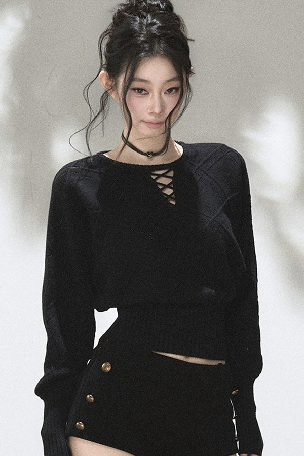 Lace-Up V-Neck Knit Top