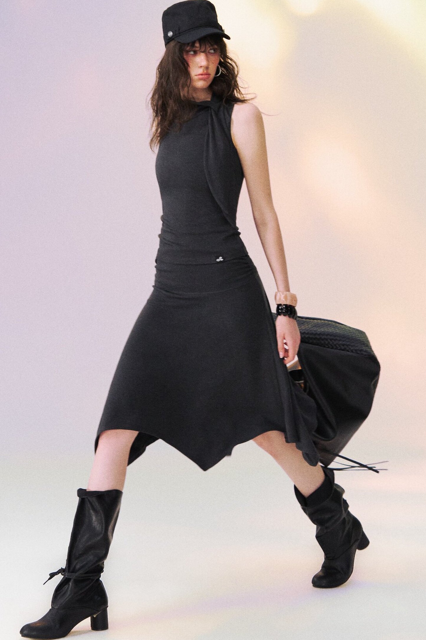 Ribbon Tie Sleeveless Top and Asymmetrical Skirt Set-Up