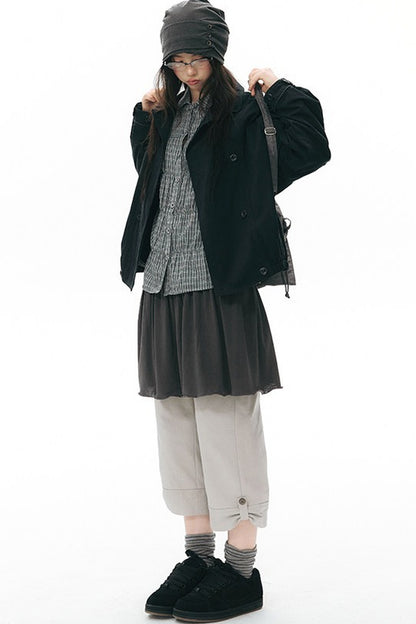 Retro Double-Breasted Workwear Jacket and Skirt Set-Up