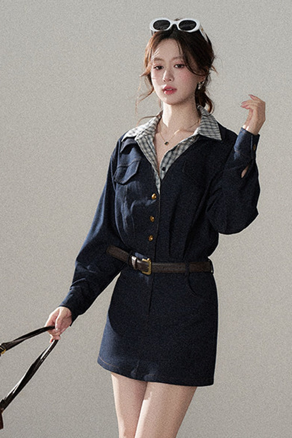 Robe trapèze taille haute à manches longues