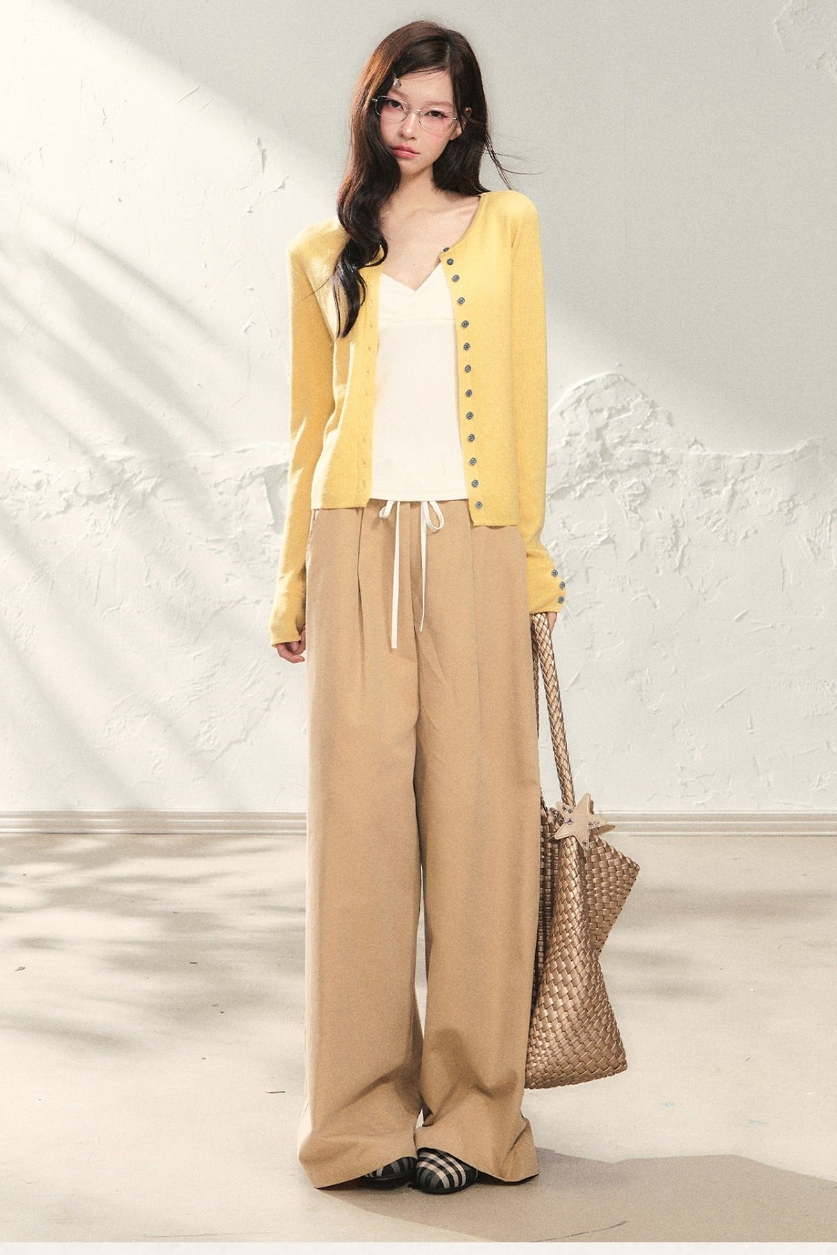 Yellow Long-Sleeve Knit Cardigan Set with Camisole and Pants Set-Up