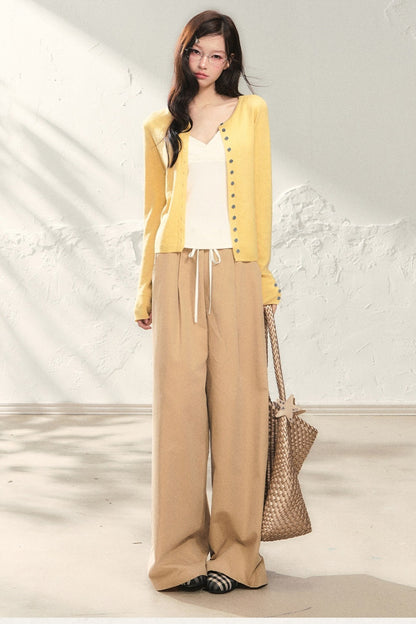 Yellow Long-Sleeve Knit Cardigan Set with Camisole and Pants Set-Up