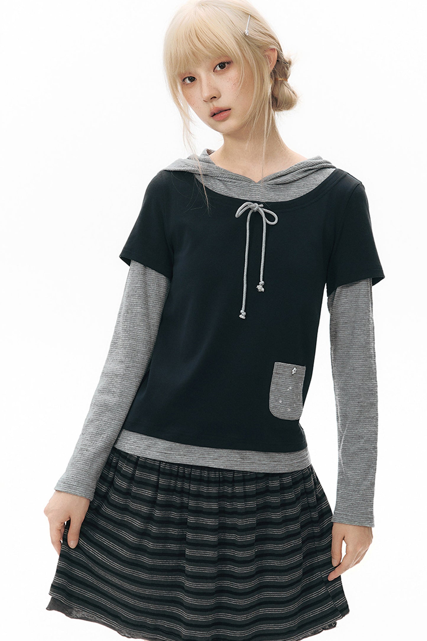Layered-Look Hooded Long-Sleeve Top
