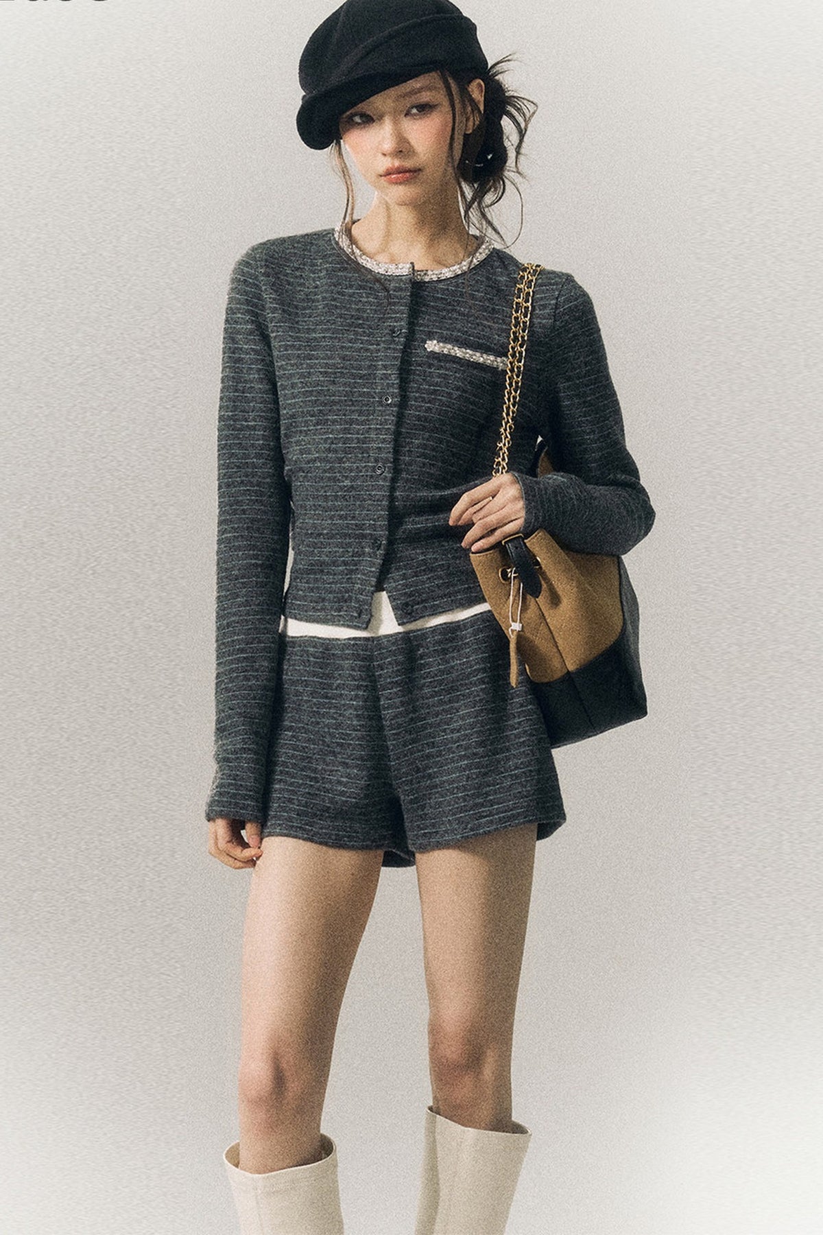 Beaded Lace-Up Wool Knit Top and Shorts and Cardigan Set-Up