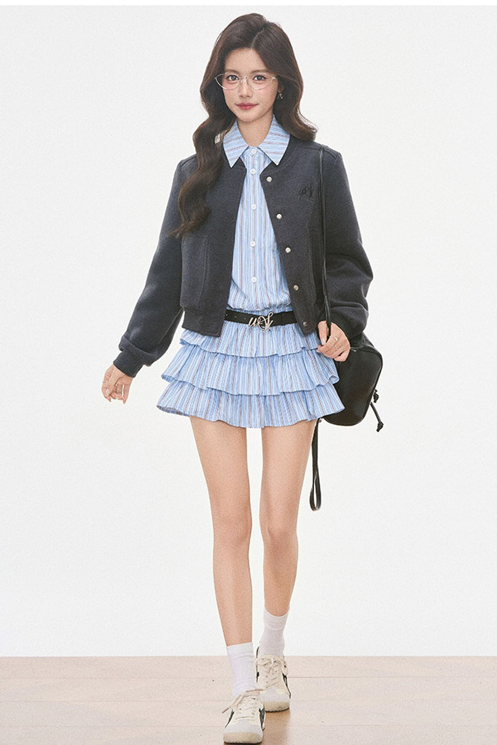 Woolen Baseball Jacket with Tiered Shirt Dress Set-Up