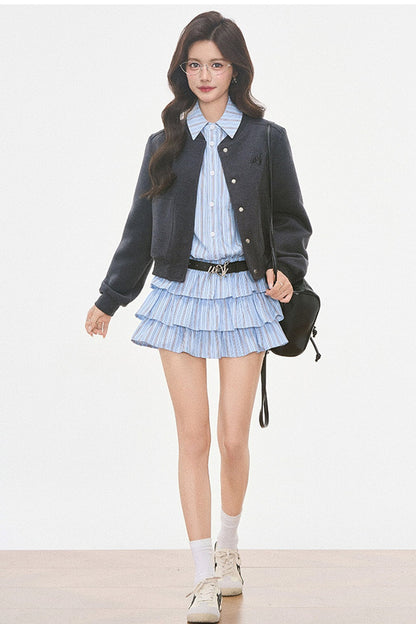 Woolen Baseball Jacket with Tiered Shirt Dress Set-Up