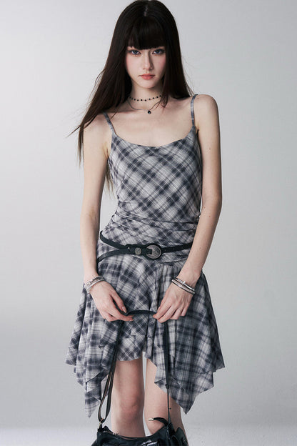 Irregular Plaid Suspender Dress Set-Up