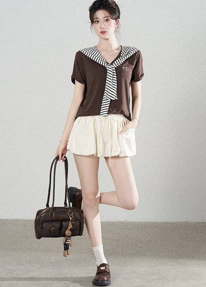Loose Short-Sleeved Striped Shawl T-Shirt and Denim Skirt Set-Up