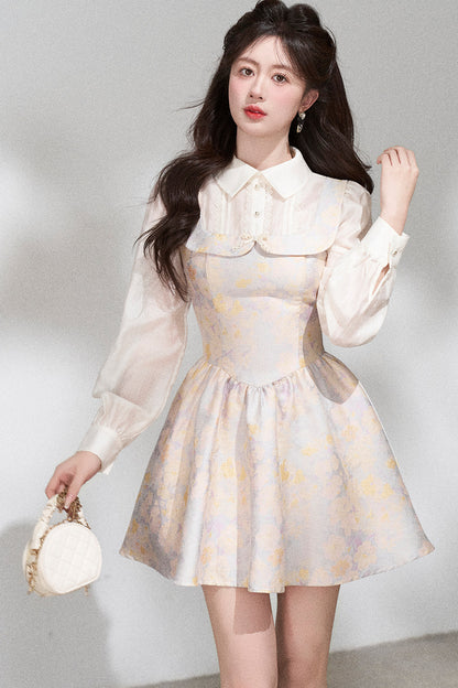 Layered-Look Long-Sleeve Jacquard Dress